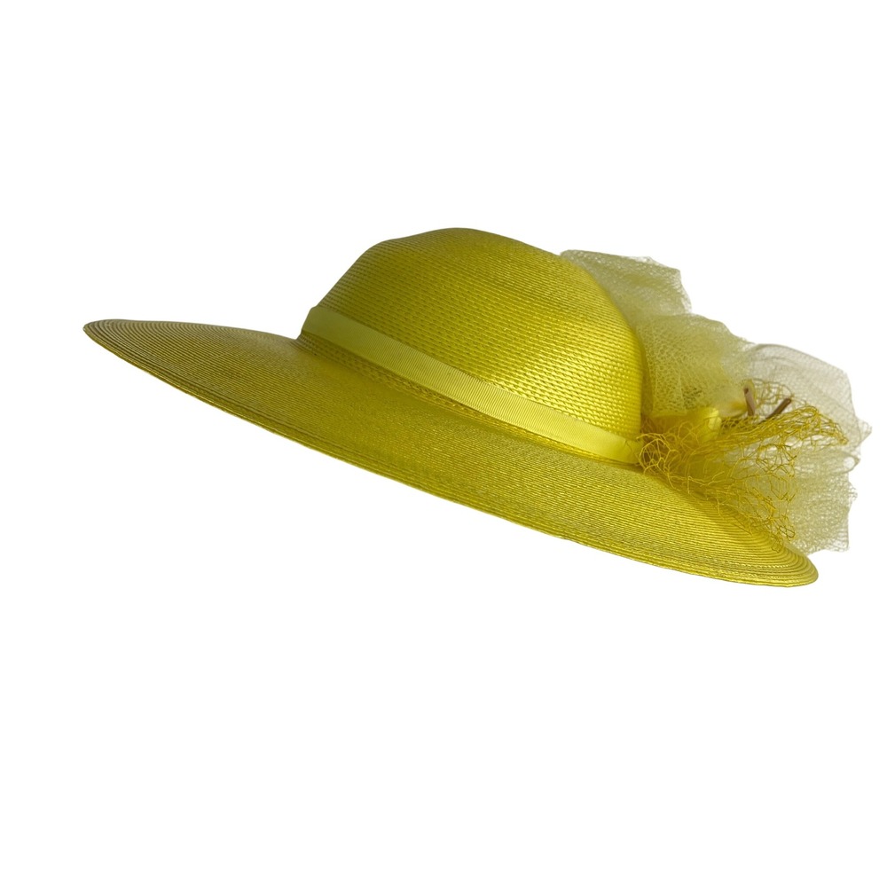 Vintage Yellow Wide Brim Kentucky Derby Straw Hat - Picture 3 of 5